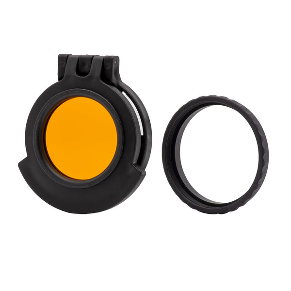 Picture of a Tenebræx Amber See-Through Scope Cover with Adapter Ring for the Schmidt & Bender 4-16x42 PM II/LP | Black | Objective | 42SBCF-ACR