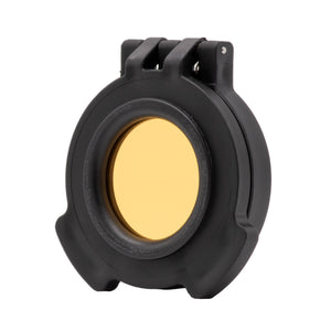 Picture of a Tenebræx Amber See-Through Scope Cover for the Schmidt & Bender 1.5-8x26 PM II ShortDot | Black | Ocular | 40MMFC-ACV