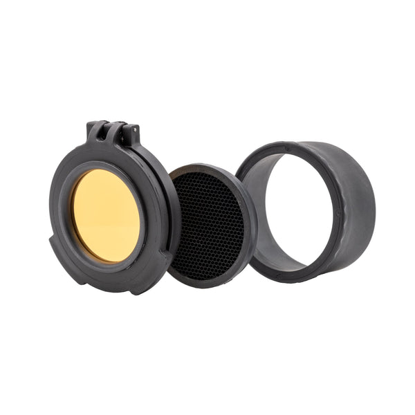 Picture of a Tenebræx Amber See-Through Scope Cover with MDT Boot for the Burris XTR II 5-25 x50 | Black | Objective | AB2156-ACR