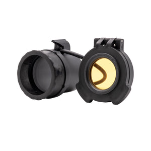 Picture of a Tenebræx Amber See-Through Scope Cover with Adapter Ring for the Trijicon ACOG 4x32 RMR Combo | Black | Objective | AG1C00-ACR