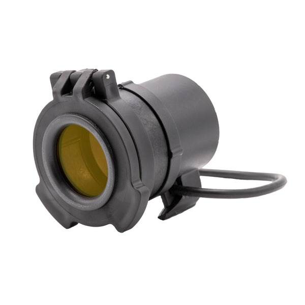 Picture of a Tenebræx Amber See-Through Scope Cover with Adapter Ring for the Trijicon ACOG 4x32 RMR Combo | Black | Objective | AG1C00-ACR