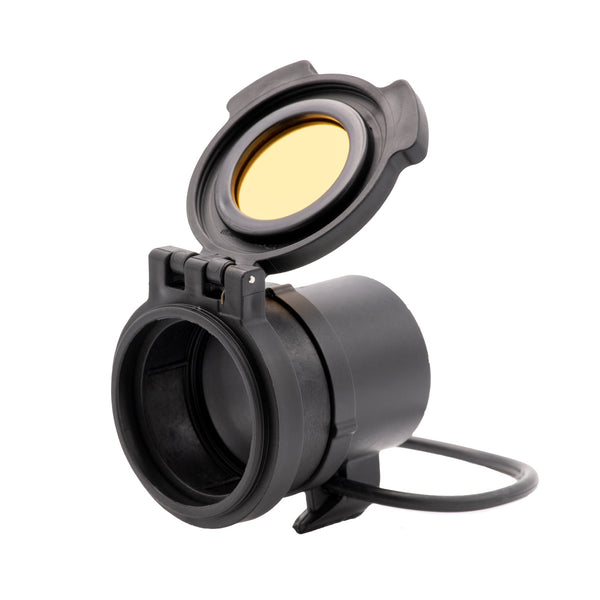 Picture of a Tenebræx Amber See-Through Scope Cover with Adapter Ring for the Trijicon ACOG 4x32 RMR Combo | Black | Objective | AG1C00-ACR