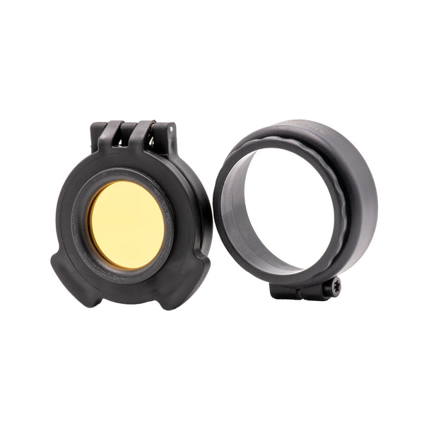 Picture of a Tenebræx Amber See-Through Scope Cover with Adapter Ring for the Minox ZE 3-15X56 | Black | Ocular | UAC101-ACR